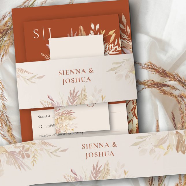 Terracotta Cream Botanical Foliage Personalised Invitation Belly Band (Belly Band in neutral cream with delicate foliage)