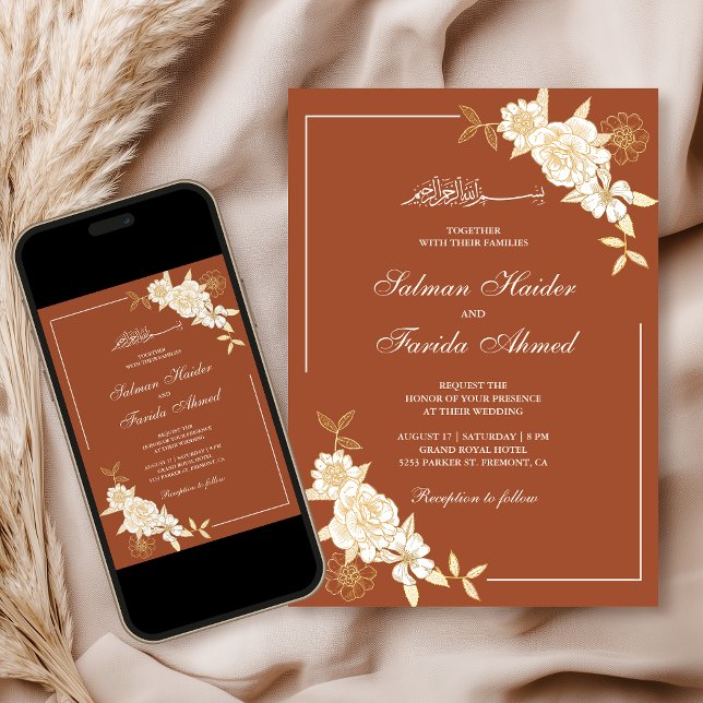 Terracotta Cream Floral Branch Muslim Wedding Invitation (Creator Uploaded)