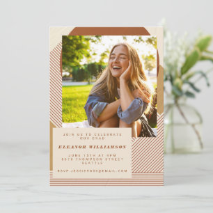 Terracotta Cream Geometric Stripe Photo Grad Party Invitation