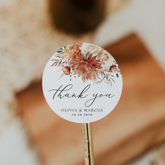 Terracotta Dahlia Rose Wedding Thank You Favour Classic Round Sticker (Creator Uploaded)