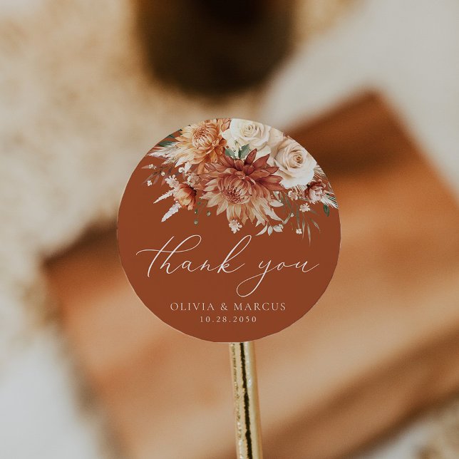 Terracotta Dahlia Rose Wedding Thank You Favour Classic Round Sticker (Creator Uploaded)