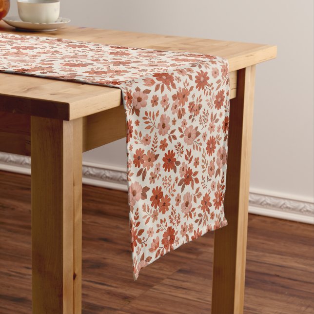 Terracotta Daisy Floral Pattern Illustration Short Table Runner (In Situ)