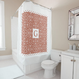 Terracotta damask scalloped borders monogram shower curtain