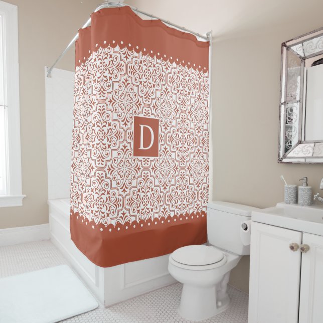 Terracotta damask scalloped borders monogram shower curtain (In Situ)