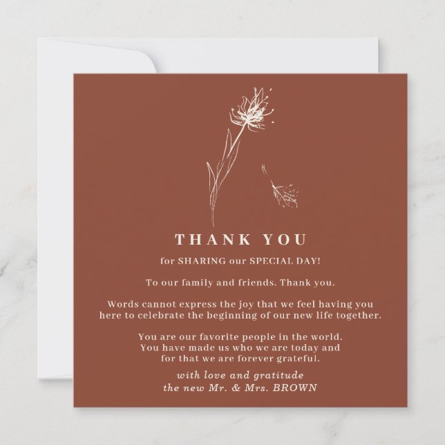 Terracotta Dandelion Boho Indie minimal thank you Invitation (Front)