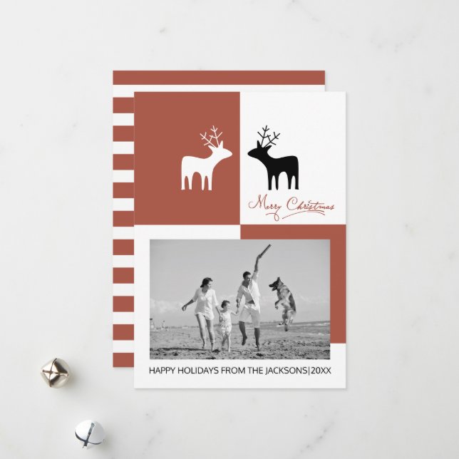Terracotta deer Merry Christmas calligraphy photo Holiday Card (Front/Back In Situ)
