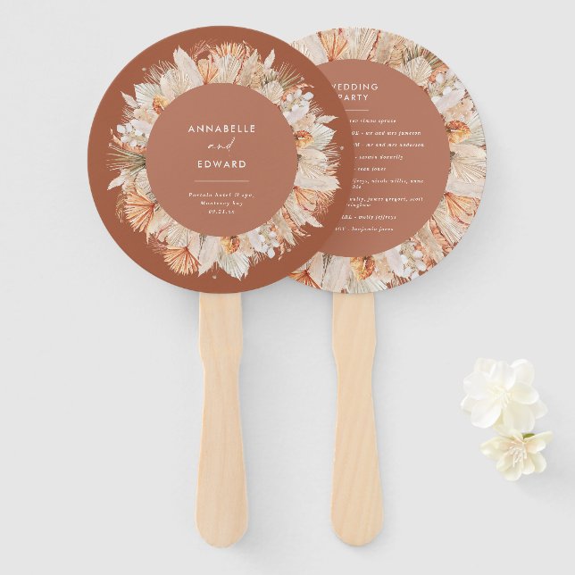 terracotta dried botanical script elegant wedding hand fan (Front and Back)