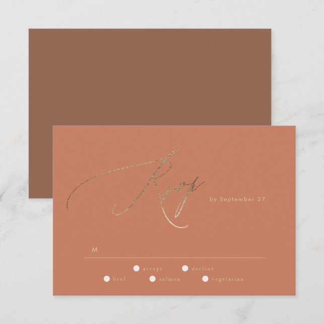 Terracotta Dusty Orange Elegant Boho Gold Wedding RSVP Card (Front/Back)
