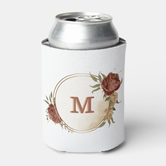 terracotta earth tone floral greenery monogram can cooler (Can Front)