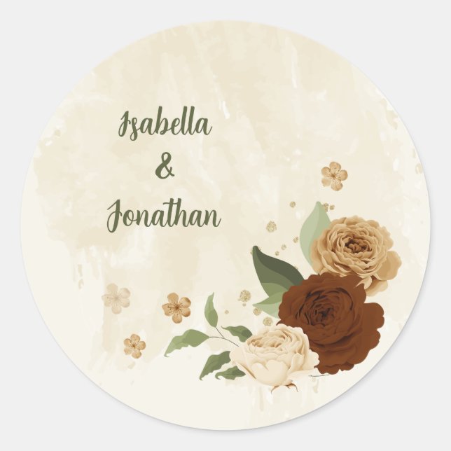 terracotta earth tone floral wedding classic round sticker (Front)