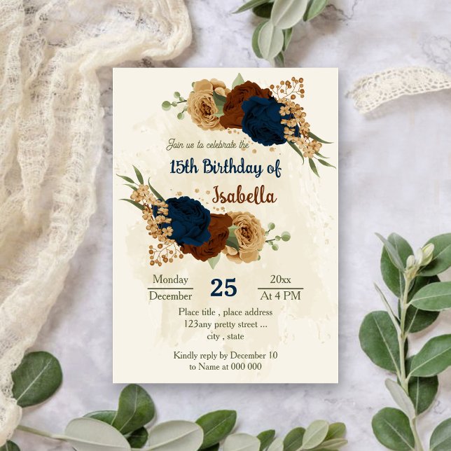 terracotta earth tone navy floral birthday invitation (Creator Uploaded)