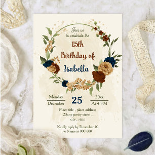 terracotta earth tone navy floral birthday invitation