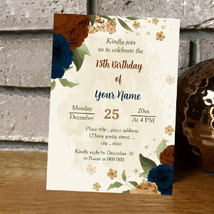 terracotta earth tone navy floral birthday invitation