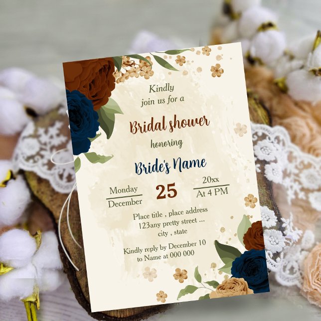 terracotta earth tone navy floral bridal shower invitation (Creator Uploaded)