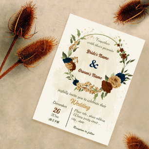 terracotta earth tone navy floral greenery wedding invitation