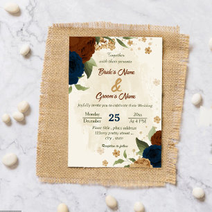 terracotta earth tone navy floral greenery wedding invitation