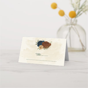 terracotta earth tone navy floral greenery wedding place card