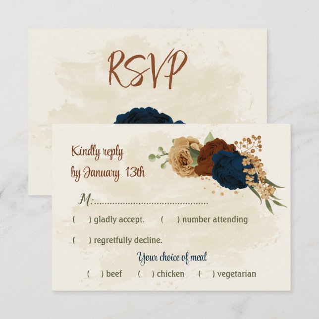 terracotta earth tone navy floral greenery wedding RSVP card (Front/Back)
