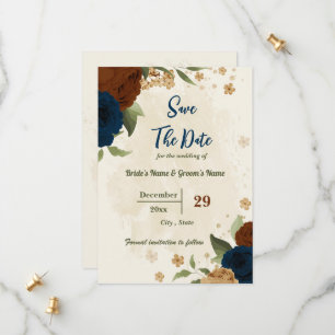 terracotta earth tone navy floral greenery wedding save the date