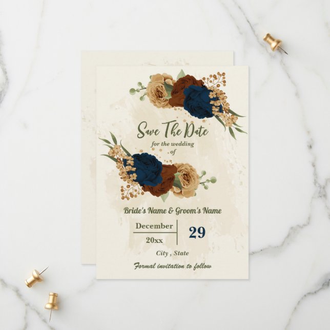 terracotta earth tone navy floral greenery wedding save the date (Front/Back In Situ)