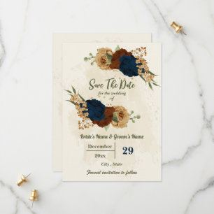 terracotta earth tone navy floral greenery wedding save the date