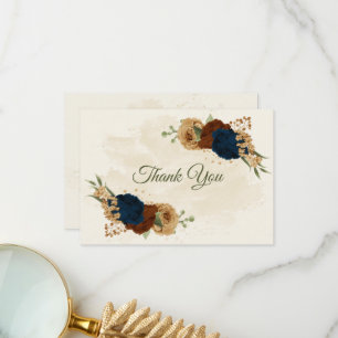 terracotta earth tone navy floral greenery wedding thank you card