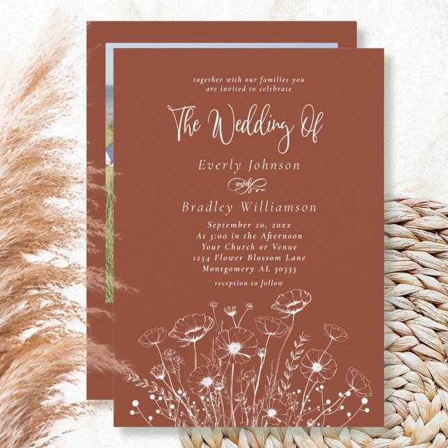 Terracotta Earth Tone Wildflower Script Wedding  Invitation (Creator Uploaded)