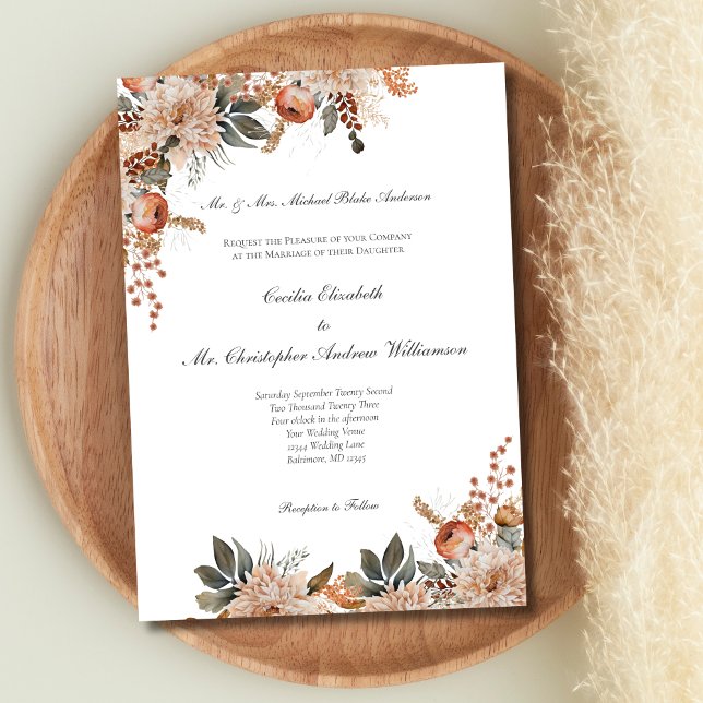 Terracotta Earth Tones Floral Botanical Wedding  Invitation (Terracotta Beige Green Earth Tones Floral Botanical Wedding Invitation)