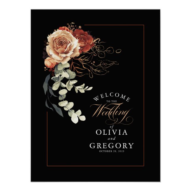 Terracotta Earthy Floral Black Wedding Welcome Poster (Front)