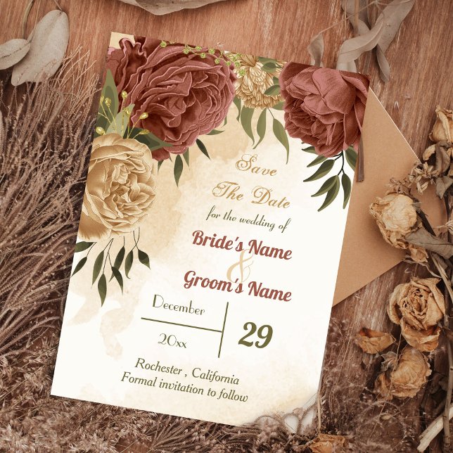 terracotta earthy floral greenery save the date (Creator Uploaded)