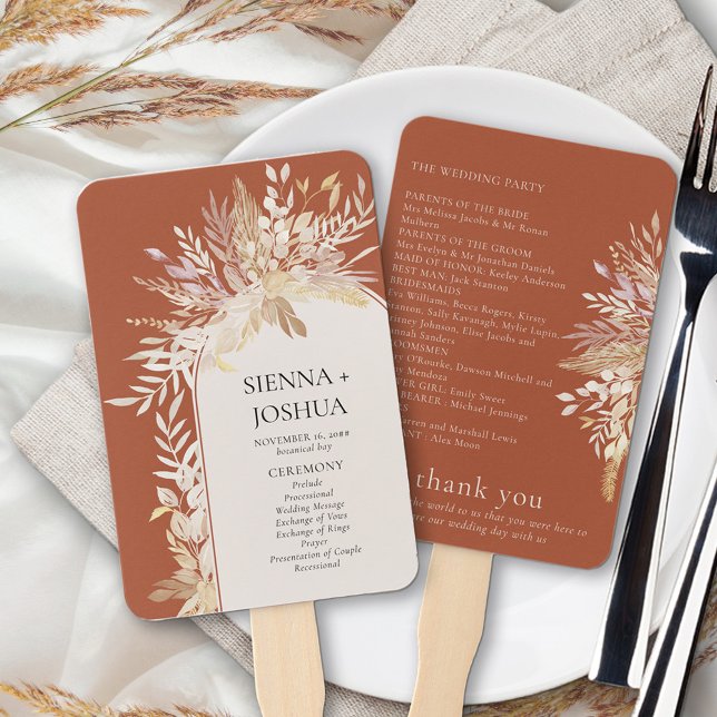 Terracotta Elegant Botanical Arch Wedding Program Hand Fan (Hand fans with the order of the day, additional information and special thanks)