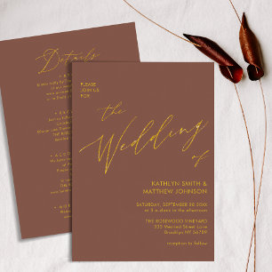 Terracotta Elegant Gold Script All In One Wedding Invitation
