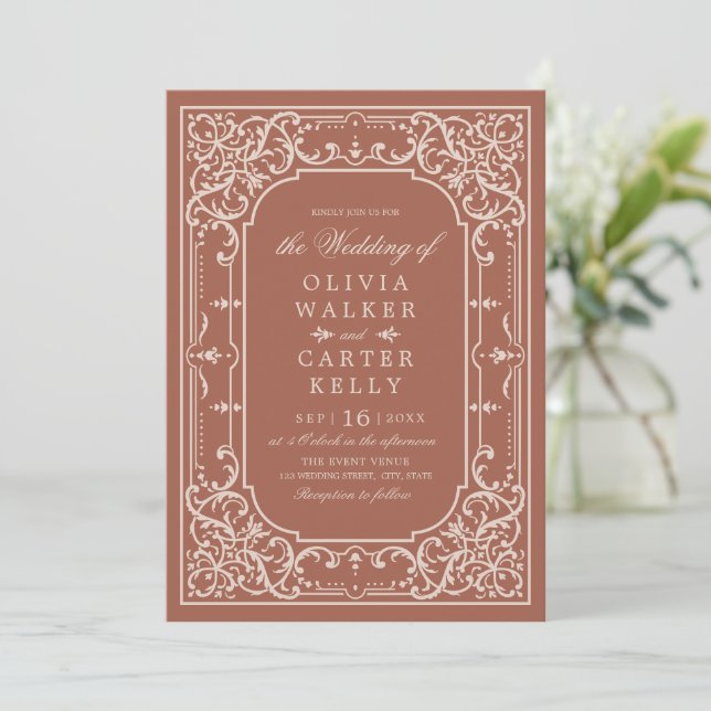 Terracotta elegant ornate romantic vintage wedding invitation (Standing Front)