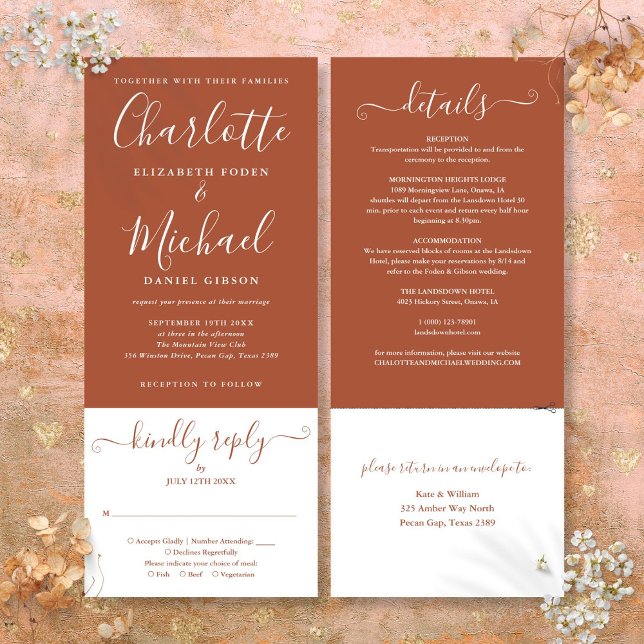 Terracotta Elegant Script All In One Wedding  Invitation (Terracotta Elegant Script All In One Wedding Invitation)