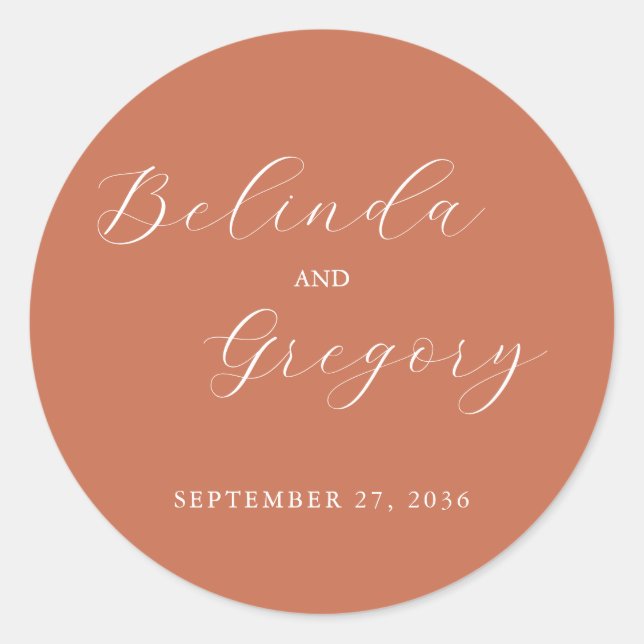 Terracotta Elegant Script Calligraphy Wedding  Classic Round Sticker (Front)