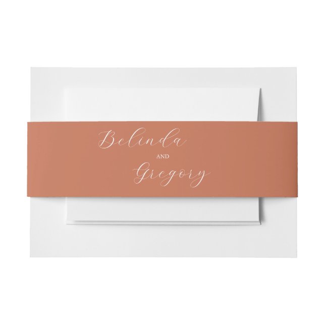 Terracotta Elegant Script Calligraphy Wedding Invitation Belly Band (Front Example)