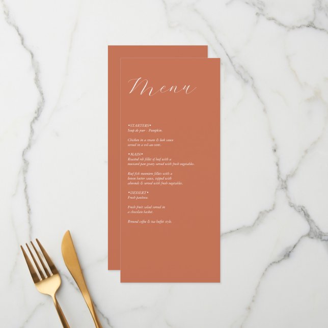 Terracotta Elegant Script Calligraphy Wedding  Menu (Front/Back In Situ)