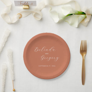 Terracotta Elegant Script Calligraphy Wedding  Paper Plate