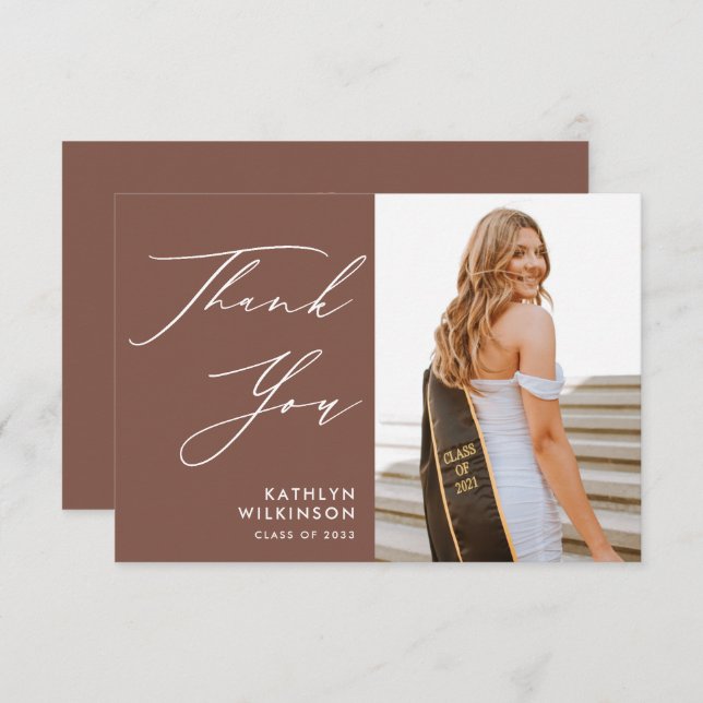 Terracotta Elegant Script Simple Photo Graduation Thank You Card (Front/Back)