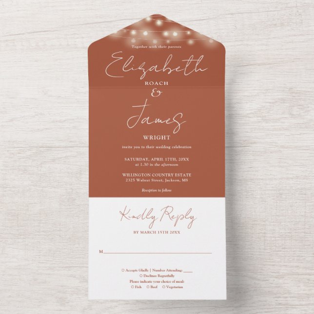 Terracotta Elegant Script String Lights Wedding All In One Invitation