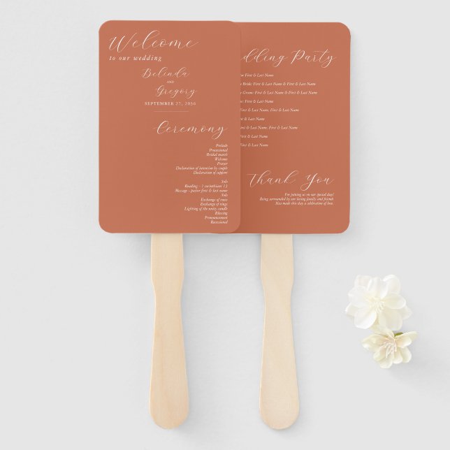Terracotta Elegant Script Wedding Program  Hand Fan (Front and Back)