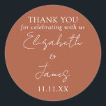Terracotta Elegant Script Wedding Thank You Classic Round Sticker<br><div class="desc">This terracotta minimalist elegant script wedding thank you sticker can be personalised with your information in chic typography. Designed by Thisisnotme©</div>