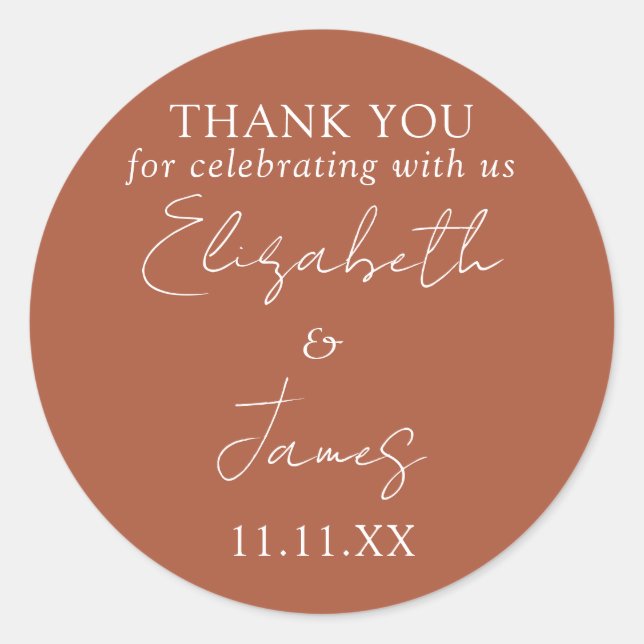 Terracotta Elegant Script Wedding Thank You Classic Round Sticker (Front)
