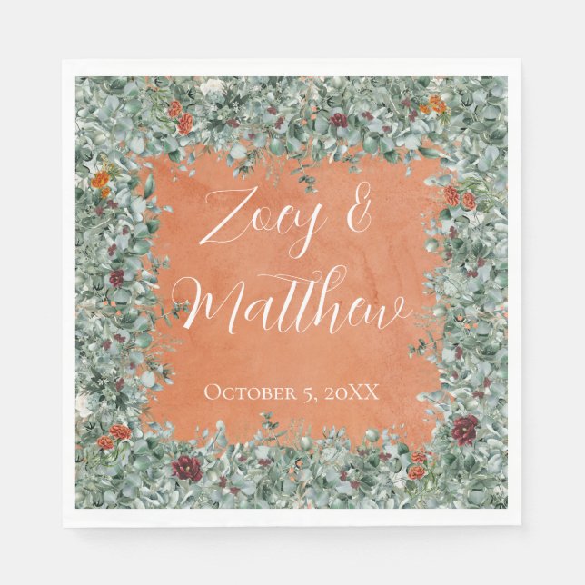 Terracotta Eucalyptus Burgundy Orange Floral Napkin (Front)