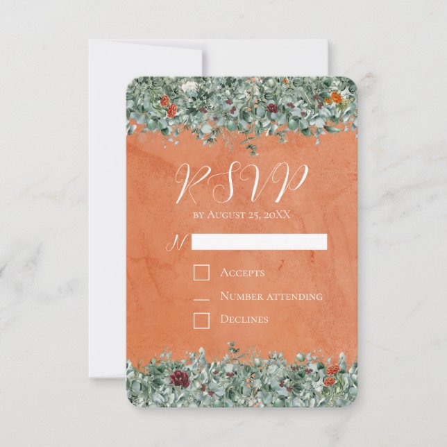 Terracotta Eucalyptus Burgundy Orange Floral RSVP Card (Front)