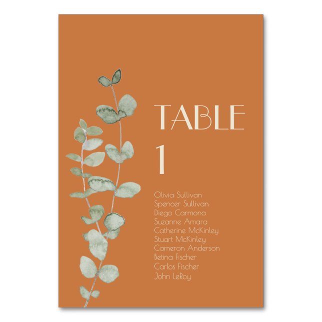 Terracotta Eucalyptus Deco Table Number Guests (Front)