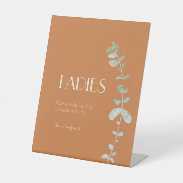 Terracotta Eucalyptus Deco Wedding Ladies Bathroom Pedestal Sign (Front)