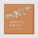 Terracotta Eucalyptus Deco Wedding Magnet<br><div class="desc">This Terracotta Eucalyptus Deco wedding magnet provides a minimalist boho, and rustic country, western, or desert theme. The simple sage green eucalyptus succulent foliage compliments the terracotta autumn background, while the art deco type combined with the botanical greenery and burnt orange backdrop creates a versatility to combine with other coloured...</div>