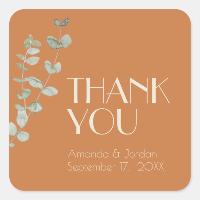 Terracotta Eucalyptus Deco Wedding Thank You Square Sticker (Front)