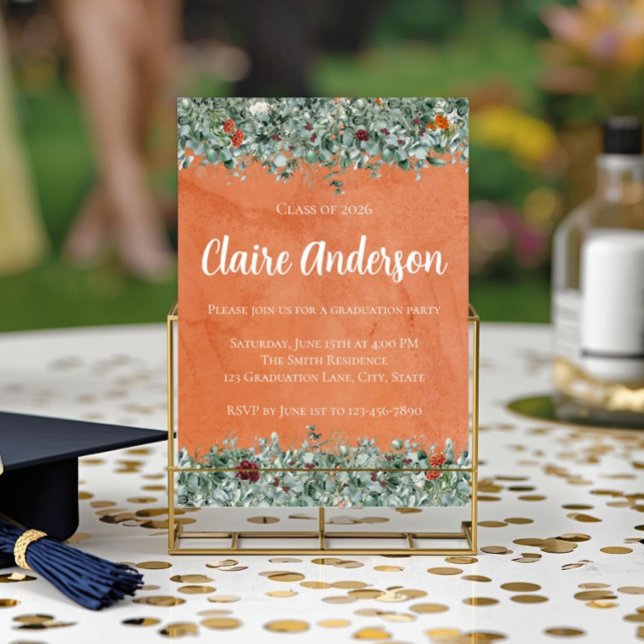 Terracotta Eucalyptus Orange Floral Graduation Invitation (Creator Uploaded)